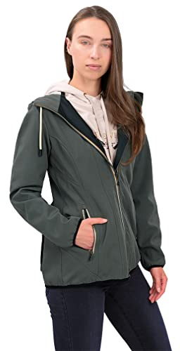 Knuffelwuff Damen Softshell Jacke Manhattan Größe: M / 38 Khaki - Leichte atmungsaktive wasserabweisende Jacke mit extra vielen Taschen für Outdoor, Wandern, Reisen, Gassi gehen - Windbreaker