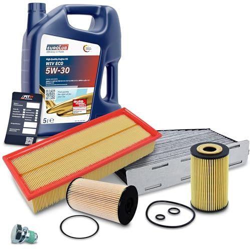 BESTPRICE Inspektionspaket Filterset mit 1x Motoröl 5W-30 5 l, 1x Ölfilter, 1x Kraftstofffilter, 1x Luftfilter, 1x Innenraumfilter (Aktivkohle), 1x Ölablassschraube mit Dichtung