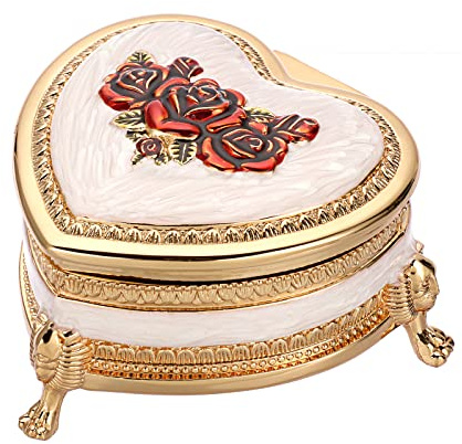 IGNPION Vintage Rose Trinket Storage Box Small Heart Shape Metal Jewelry Box Earrings Rings Organizer Box Keepsake Ornate Display Case (Red)