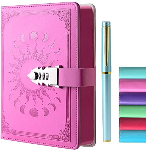 Tagebuch mit Schloss - A5 Notizbuch mit Stift Set Nachfüllbares Leder Journal mit Vintage-Lederbezug und buntem Seitenrand für Männer, Frauen, Erwachsene, Jugendliche und Mädchen, A5 Größe (21x15cm)