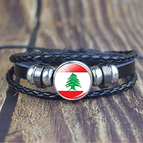 LODMLOER Libanon-Flaggen-Charm-Armband – Wappen Aus Glas-Edelstein Mehrschichtiges Pu-Leder-Armband Libanon-Flagge Glasknopf-Armbänder Schmuck Verstellbares Unisex-Armband Wie Abgebildet Verstellbar