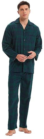 GLOBAL Herren Schlafanzug Flanell | Herren Pyjama Set Lang Baumwolle | Herren Zweiteilige Nachtwäsche Loungewear Schlafanzughose Lang Gummizug und Kordelzug Blau/Grün, Kariert M