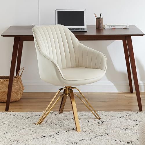 Zouron Silla De Comedor De Terciopelo con Pies Dorados, Silla De Oficina Giratoria, Silla De Salón con Reposabrazos Y Asiento Acolchado Grueso, Sillas De Cocina, Beige