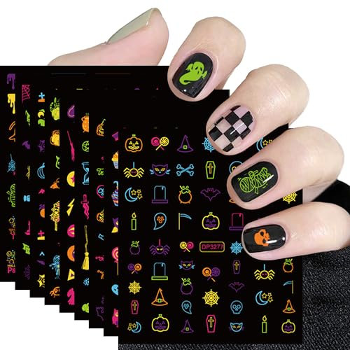 9 Stück Nagelsticker Halloween Nailart Sticker Nail Sticker Halloween Nägel Fluoreszierende Farben und Stile Sind für die DIY-Nageldekoration zu Halloween Geeignet