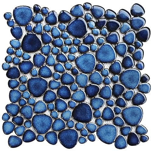 Elephantile Pebble Stone Porcelain Mosaic Tiles 5 Sheets, Cobalt Blue 12×12 Pebble Rocks Mosaic Sheets Mesh Mounted Tile, Waterproof Shower Flooring Kitchen Bathroom Backsplash Pool Surrounds Tile