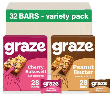 Graze - Cherry Bakewell & Peanut Butter Oat Boost Bars Snacks - Made With Whole Oats and Natural Flavours - 8x4 snack bars - Total of 32 snacks