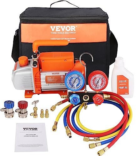 VEVOR Vakuumpumpe 100L/min Unterdruckpumpe 1-stufig 220V/50HZ 1440U/min 800-4000PSI (55-276bar) 250ml-Ölkapazität Vakuumgeräte Verteiler-Manometer-Set für Klimaanlage Kfz-Kühlsystemen