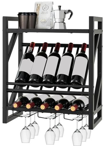 GOPLUS Étagère à Vin Murale 12 Verres à 2 Niveaux, Casier à Vin en Métal Antirouille avec 3 Rangées de Porte-Gobelets, Étagère de Rangement Murale pour Vin, pour Cuisine, Bistrot, Cave