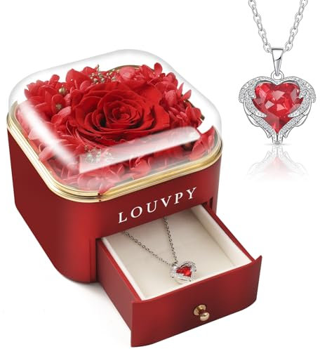 LOUVPY Regalo per la fidanzata, scatola di rosa eterna rossa con collana, regalo di anniversario per donna/moglie, regalo Forever Rose per mamma/fidanzata