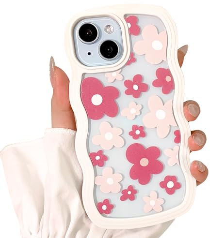 NITITOP Coque pour iPhone 14 Plus / 15 Plus Mignonne Bouclé Vague Cadre Antichoc Doux TPU 2 dans 1 Fleur Étui Housse pour Femme Fille - Fleur Rose