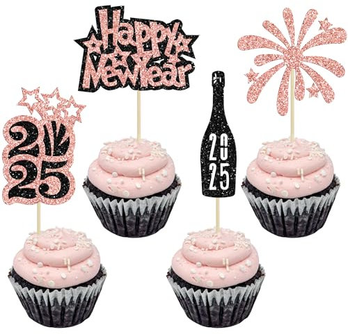 Gyufise 24pcs Happy New Year Cupcake Toppers - 2025 Party Decorations - Rose Gold, Black Glitter Firework Cupcake Toppers - Cheers to 2025 Cake Picks for New Year Eve Party Supplies