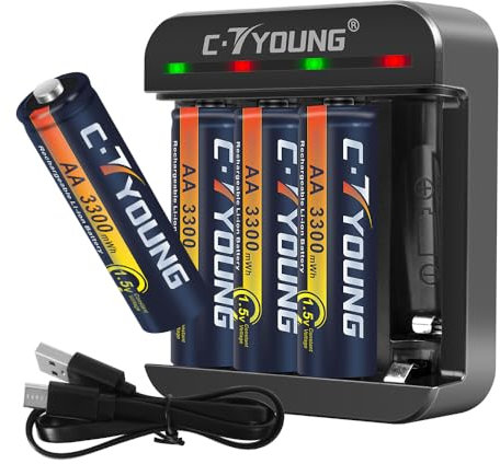 Lithium AA Batterie für Blink Kamera 1.5V Wiederaufladbare Double A Batterien mit Ladegerät 4 Stück 3300mWh mit 1.5H Smart Schnellladung für Haushalt und Büro