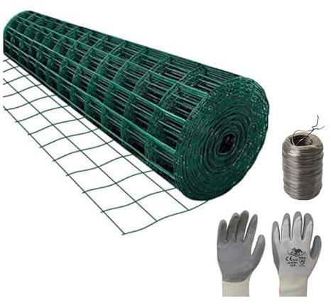 PINTO FERRAMENTA Rete Recinzione Elettrosaldata Metallica Zincata o Plastificata Verde Maglia 50X75mm rotolo Varie Misure in Omaggio Matassa Filo di Ferro e Guanti (H150x25mt, VERDE)