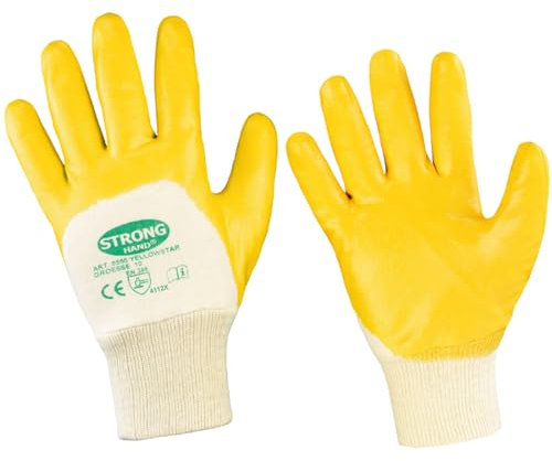 D2D | 12 Paar - Baumwollhandschuhe - Größe: 11 (XXL) - Gelb - mit Nitril Beschichtung - Norm EN 388 CAT 2 - Arbeitshandschuhe - PU-Montagehandschuhe Gartenhandschuh