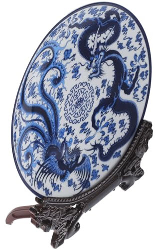 ABOOFAN 1 Set Chinese Blue and White Porcelain Plate, Porcelain Salad Serving Plate Dessert Plates Oriental Floral Pattern Ceramic Ornaments with Stand for Home Decor