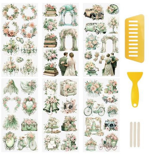 WANDIC 6 Blatt Transfer-Aufkleber, Hochzeitsmotto Transfer-Aufkleber, europäisches Hochzeitskleid, Kranz, DIY, Scrapbook-Aufkleber für Grußkarten, Geschenkverpackungen, Dekoration