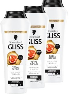 Gliss Shampoo Total Repair (3x 250 ml), Haarshampoo mit flüssigem Keratin & Blüten-Nektar, Pflegeshampoo für trockenes und geschädigtes Haar reduziert Haarbruch