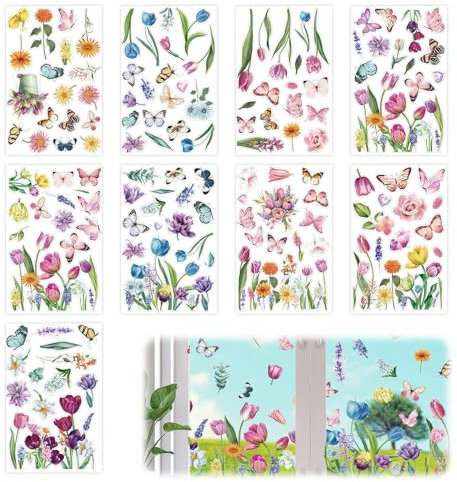 9 Stücke Kinder Fensterbilder Sommer Statisch und Doppelseitige Wiederverwendbare,9 Blätter Fensterbilder mit Blumen Schmetterlinge für Fensterdeko,Geeignet zur Dekoration von Cafés und Kindergärten