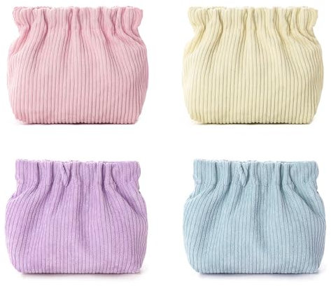 Lot de 4 petites trousses de maquillage pour sac à main - Mini trousse de maquillage portable en velours côtelé - Fermeture à pression - Trousse de toilette pour filles et femmes, abricot, bleu,