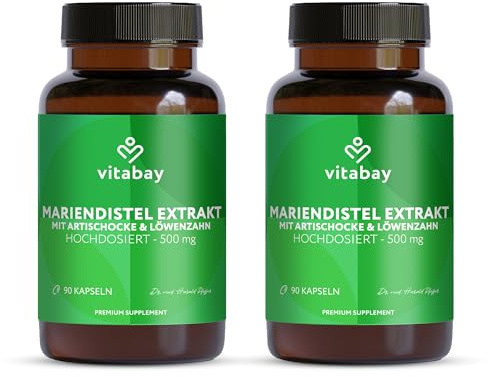 Vitabay Mariendistel-Artischocke-Löwenzahn Komplex – 180 vegane Kapseln | hochdosiert mit 250 mg Mariendistel-Extrakt & Artischockenextrakt