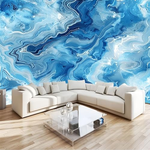 Papier Peints Panoramique Texture Bleue de Marbre Poster Mural Intissé 3D, Bleu Muraux Pour Salon Chambre Chambre D'Enfant Décoration Murale 250x175cm