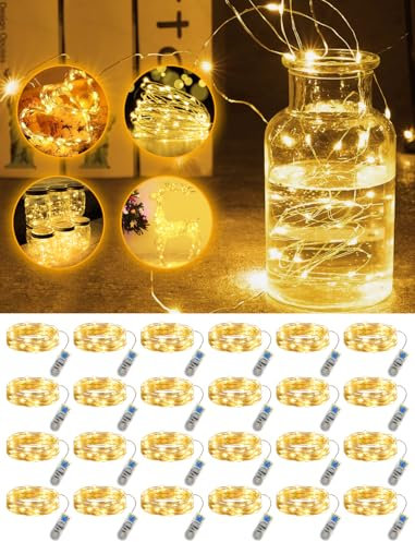 Bzavor 24 Stück Lichterkette Batterie Timer 2M 20 Lichterkette mit Timer,IP44 Weihnachten Lichterketten, Kleine Lichterkette mit Batterie,Kupferdraht Lichterkette Innen für Weihnachten Deko innen