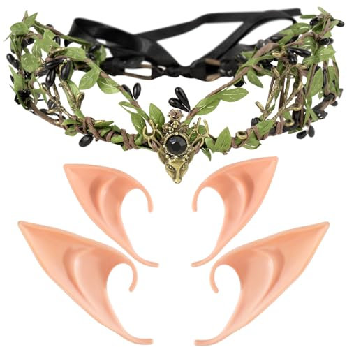 BOFUNX Waldfee Stirnband mit 2 Paar Elfenohren Elfe Waldfee Kopfschmuck Feenblätter Krone Stirnband Feen Kreis Tiara Haarschmuck für Hochzeit Karneval Halloween Cosplay