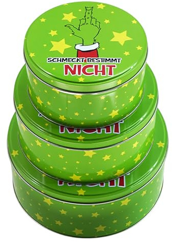 Annastore 3-tlg. Set Gebäckdosen Festtags-Muffel aus Metall - Anti Weihnacht Plätzchendosen aus Metall - Weihnachtsmuffel Konfektdosen - Anti Weihnachten Gebäckdosen Farbe Schmeckt bestimmt nicht