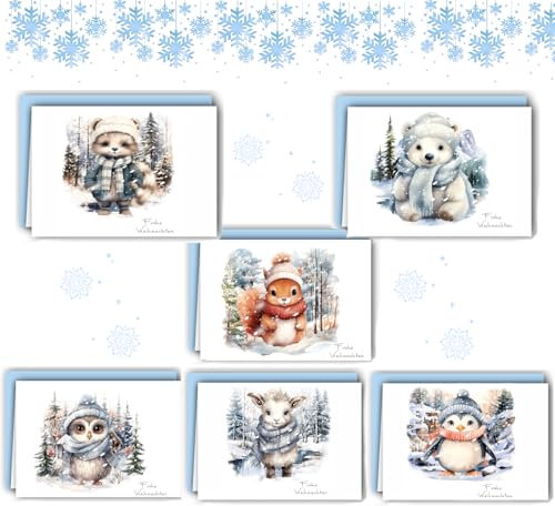 12 Weihnachtskarten Klappkarten mit Umschlägen, A6 Postkarten Set, Aquarell Waldtiere Serie, mit Weihnachtsgrüße, Weihnachtskarte für Familie Freunde (Deutsch)