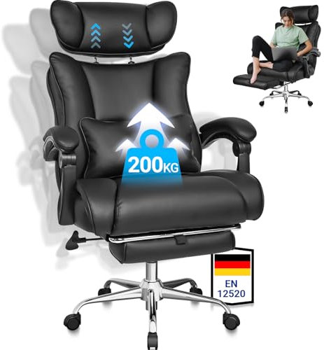 BASETBL Fauteuil de Bureau 200kg, Fauteuil Bureau Ergonomique Assise Large en Tissu, Chaise Gaming avec Repose Pied, Confortable Dossier Haut Ergonomique, Conforme aux Normes EN12520