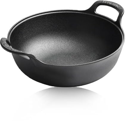 Refein Non Stick Cast Iron Wok, 30CM Large Capacity Deep Stry Frying Pan with Thickened Flat Bottom, Dual Handles Professional Induction Hob Pan Cooking Pot for Stir Fry, Grilling, Frying and Steaming