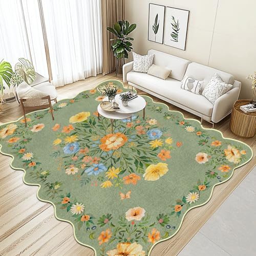 GthreeD Waschbarer Boho Teppich 160x230 cm - Großer Kurzflor Wohnzimmer Teppich - Orientalischer Vintage Design, Weich, rutschfest für Schlafzimmer, Esszimmer, Küchen,Gewellter Rand Blumen-Grün