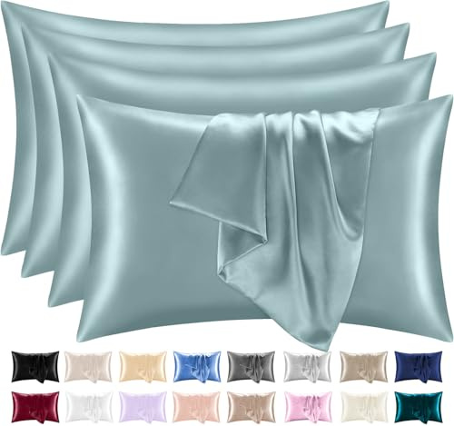 Lazzaro Satin Silk Pillowcases for Hair and Skin - Hypoallergenic Silk Pillow Cases 4 Pack with Envelope Closure - Ultrasoft Standard Size Bluish Grey Silk Pillowcases (50 x 75 cm)