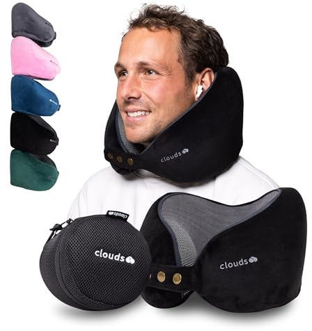 CLOUDS Nackenkissen Flugzeug & Auto – Einstellbares Memory Foam Reisekissen in 2 Größen für Erwachsene - Atmungsaktiver- extraweicher Bezug in 5 Farben (Schwarz, L/XL)