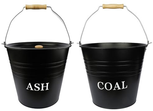 Metal Ash and Coal Bucket Set - With Wooden Handle and Lid, Fireplace Container, Black Coal Storage, 12 Litres, Fire Log Holder, Wood Burning, Stove Bin