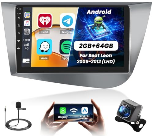 Fuluku 2+64G Android Radio para Seat Leon MK2 2005 2006 2007 2008 2009 2010 2011 2012 Wireless Carplay Android Auto, 9'' Pantalla Radio Coche Bluetooth/GPS/Cámara de Marcha Atrás/FM/EDS/WiFi/SWC/26UI