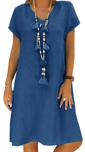 Kvruhuiy Women's Summer Beach Cotton Linen Dress Casual Short Sleeve V Neck Tunic Dress Blue L