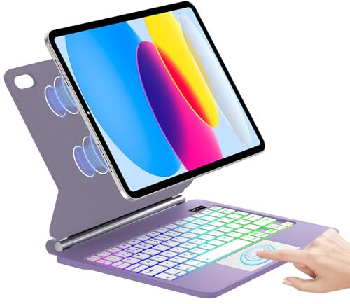IVEOPPE Teclado iPad 11 A16 11 pulgadas/10 generación 10.9 Pulgadas, Teclado Touchpad Magic, Español Ñ, 7 Colores Retroiluminada, Magnético Flotante Diseño con Trackpad para iPad 11ª /10 Gen, Púrpura