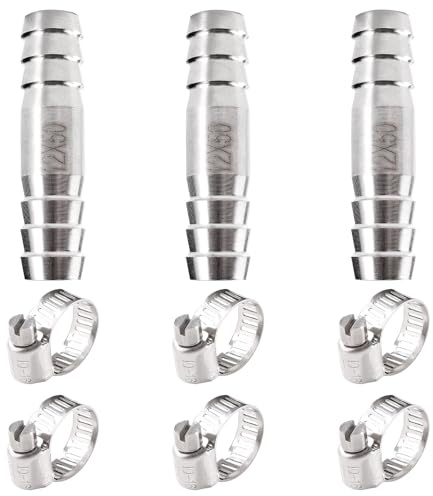 Lyeteung 3 Piezas 12mm Racores de Manguera Rectos, Conectores de Manguera de Acero Inoxidable, Conectores de 2 Vías de Acero Inoxidable 304, con 6 Piezas Abrazaderas, para Aire, Gas, Agua