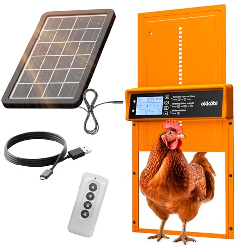 Okkobi Automatic Chicken Coop Door Solar Powered - LCD Display - Chicken Coop Door with Remote Control, Light Sensor & Timer - Anti-Pinch function - 5-Year Protection - Autumn Ember