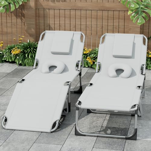 Soontrans 2er-Set Sonnenliege mit Gesichtsloch & Kopfkissen, Sonne An Kopf Aus, Sonnenliege Klappbar mit 4 Verstellbare Rückenlehnenpositionen & Seitentasche, 190 x 63 x 30 cm (Grau)