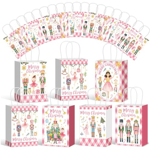 Motipuns 30 Pcs Christmas Nutcracker Gift Bags with Handle Pink Diamond Plaid Nutcracker Snowflake Goodie Bags Bulk Christmas Paper Party Treat Bag for Xmas Party Supplies Decoration
