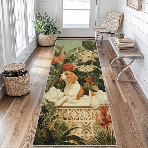 Generisch Beagle Teppich Läufer Flur rutschfest 40x120cm, Tropische Pflanzen Teppichläufer Waschbar, Kurzflor Teppich Läufer für Flur, Küche, Eingang, Wohnzimmer Schlafzimmer Deko