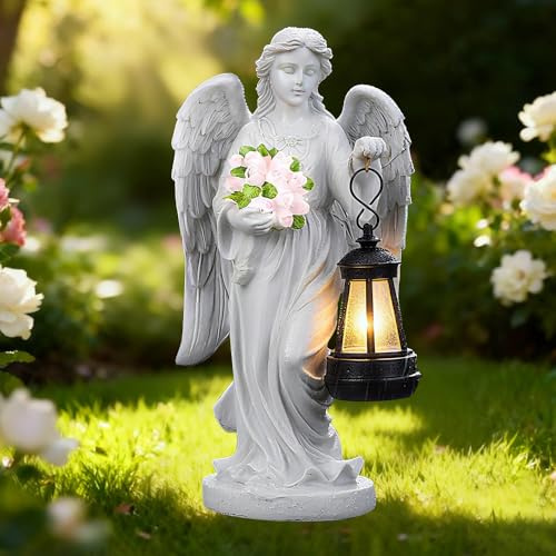 Nzkeuf Grabschmuck Wetterfest, Solar Engel Gartenstatuen, Grabengel mit Led Solarleuchten, Geeignet für Zimmer im Freien Garten Balkon Terrassendekoration, Engelsstatue mit Blumenstrauß