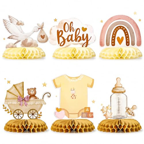 6 Stück Babyparty Deko Bienenwaben Mittelstück mit Baby Konfetti | Wabendekoration Tischdekoration für Babyshowerparty, Babygeburt, Taufe
