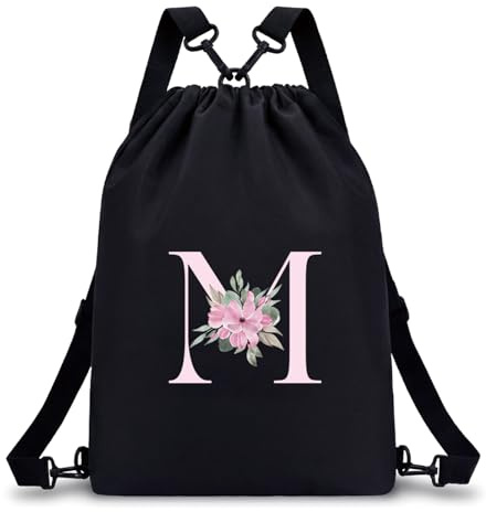 A-Z BAG Personalisierter Turnbeutel mit Buchstabe - Geschenk Mädchen, M | Sportbeutel Damen mit Blumen-Buchstabe, Schwimmbeutel Wasserfest, Stoffrucksack mit Kordelzug für Schule und Schwimmen