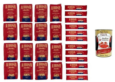 Italian Gourmet, Barilla Pasta Al Bronzo Mix-Pack 28 x 500 g, Bronzegezogen & langsam getrocknet, italienische Hartweizenpasta in verschiedenen Formaten, Vorratspack 14 kg + Italian Gourmet Polpa