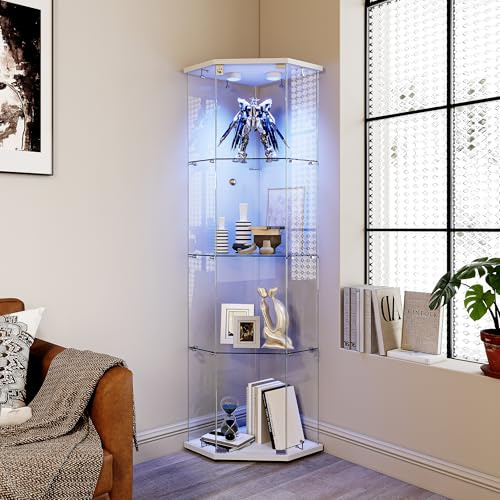 BPKADHY Vitrina de esquina de vidrio con iluminación LED, moderna vitrina de vidrio, para objetos de colección, libros, vino, 4 estantes de vidrio y 1 puerta con cerradura, 162 x 60 x 42,5 cm, blanco
