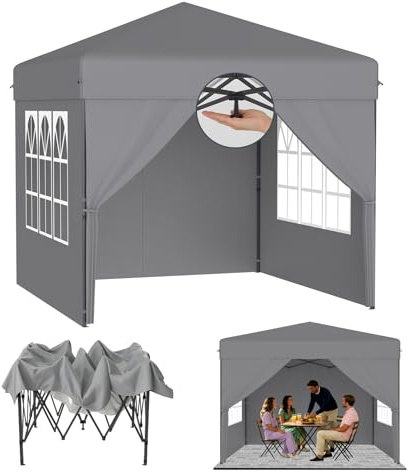 ACXIN Pavillon 2.5x2.5m Pop Up Zelt, Faltpavillon mit 3-stufiger Höhenverstellung, Partyzelt mit Silber-Oxford Dach, Gartenpavillon mit Seile Heringe & Tragetasche(Grau, mit Seitenwänden)