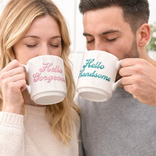 HTUK His & Hers Hello Handsome & Hello Gorgeous Stacking Mugs Set of 2 – 275ml Fine China Coffee & Tea Cups – Gift for Couples, Men & Women
